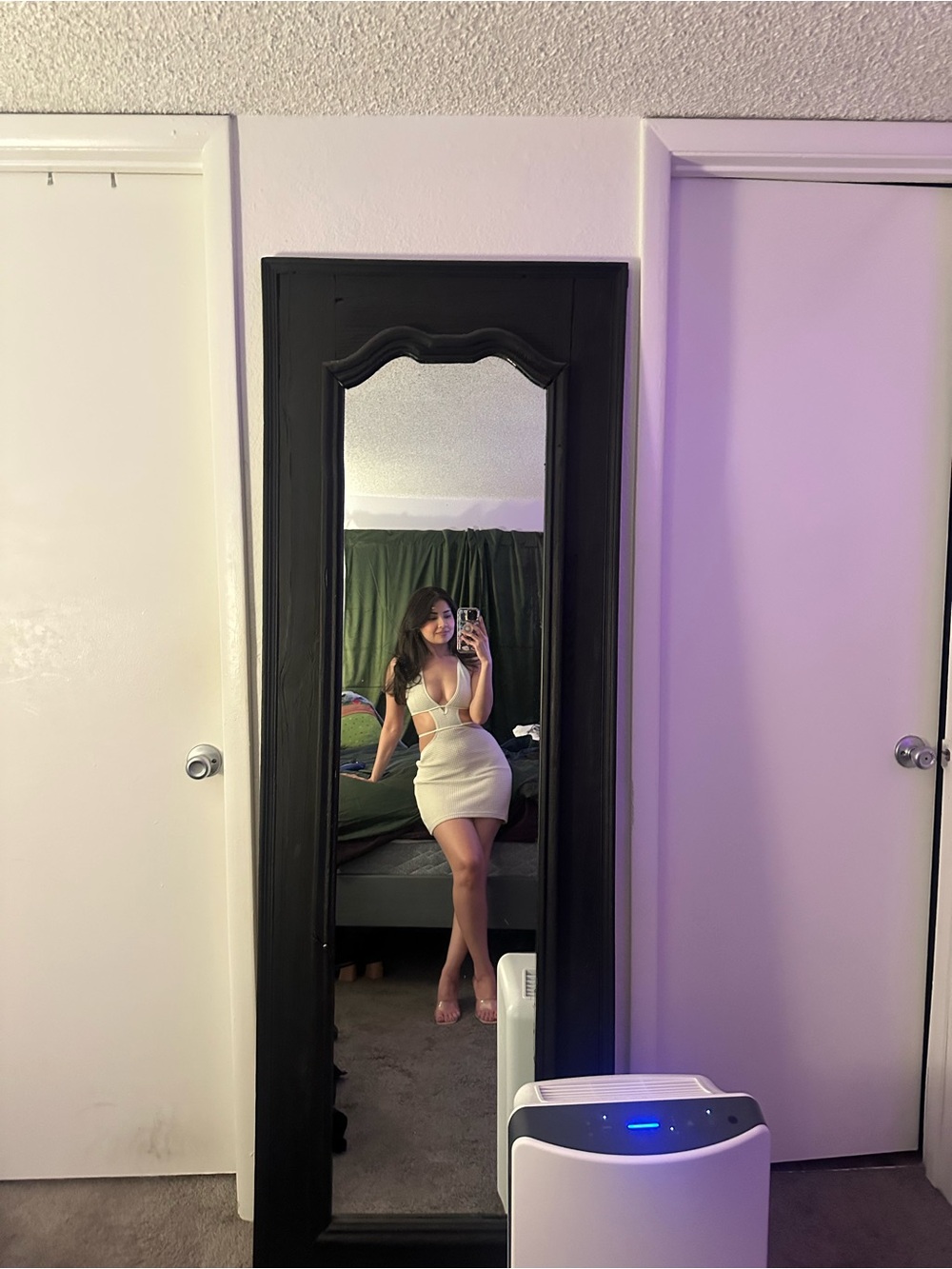 XS Cream White Crochet Cutout Halter Mini Dress - Picture 4 of 6